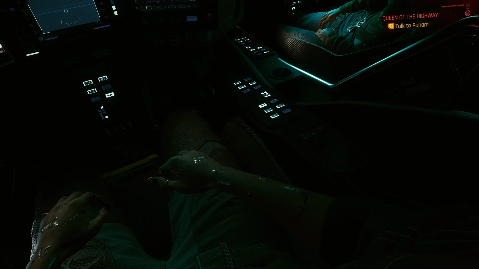 Image of V sitting in the tank in Cyberpunk 2077